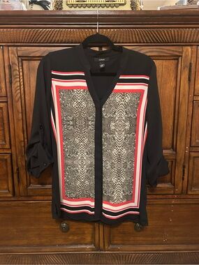 Excellent Alfani Black Blouse with Coral and White Panel Detail Size 8 Vintage